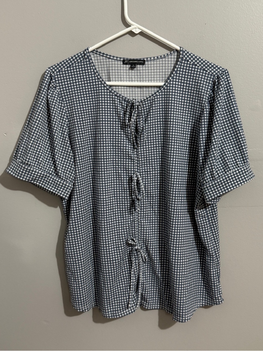 Adrianna Papell Top Womens XL Gingham Tie Front Blouse Short Sleeve Check - Picture 2 of 9